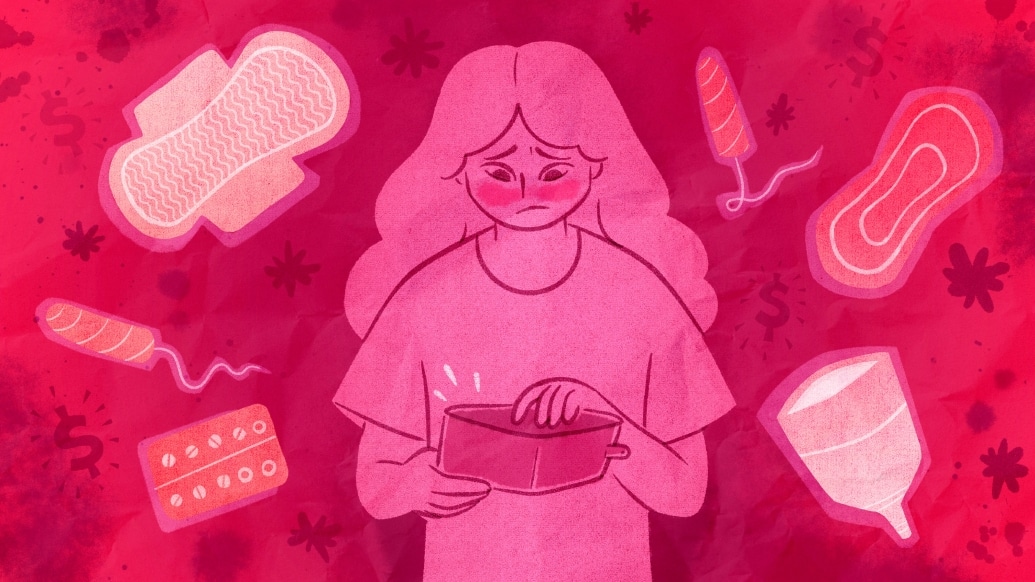 Graphic shows drawing of a young person looking into an empty wallet. Image has red background with imagery of sanitary pads, a birth control device, tampons and birth control pills.
