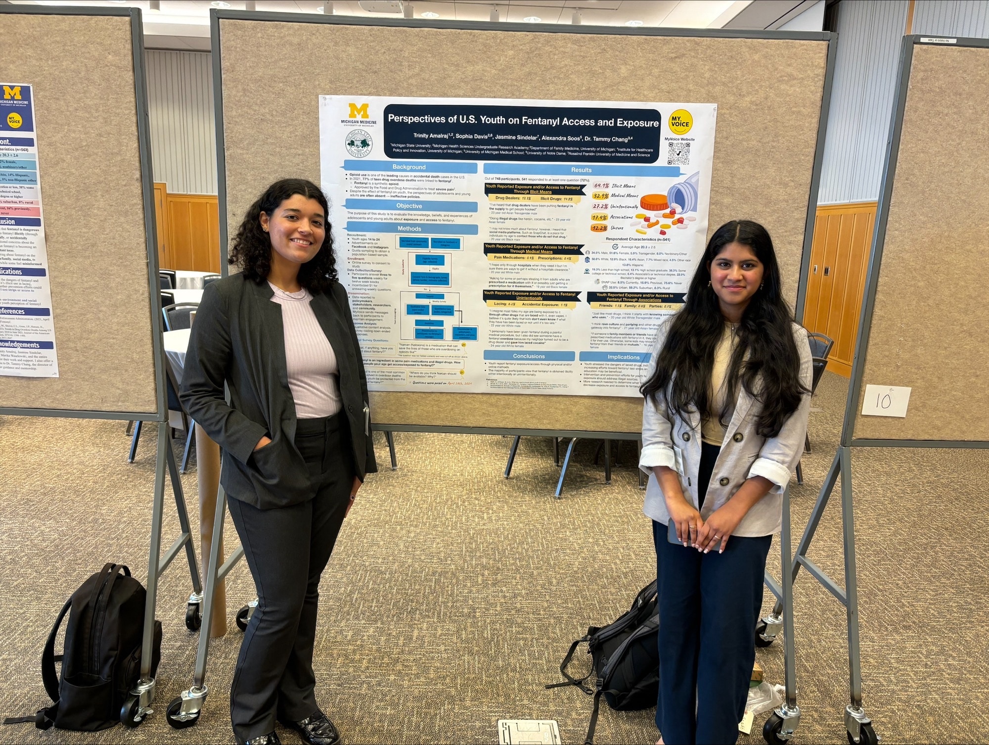 Two young women, both with dark hair, stand on either side of an elevated poster. 