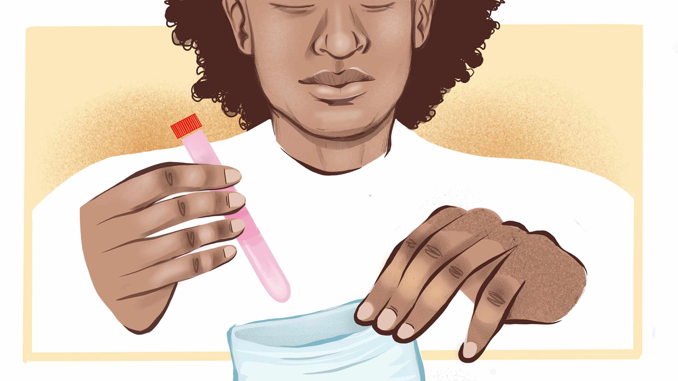 Artistic image of a young person holding a vial and a mailer envelope. Image created by Justine Ross of Michigan Medicine