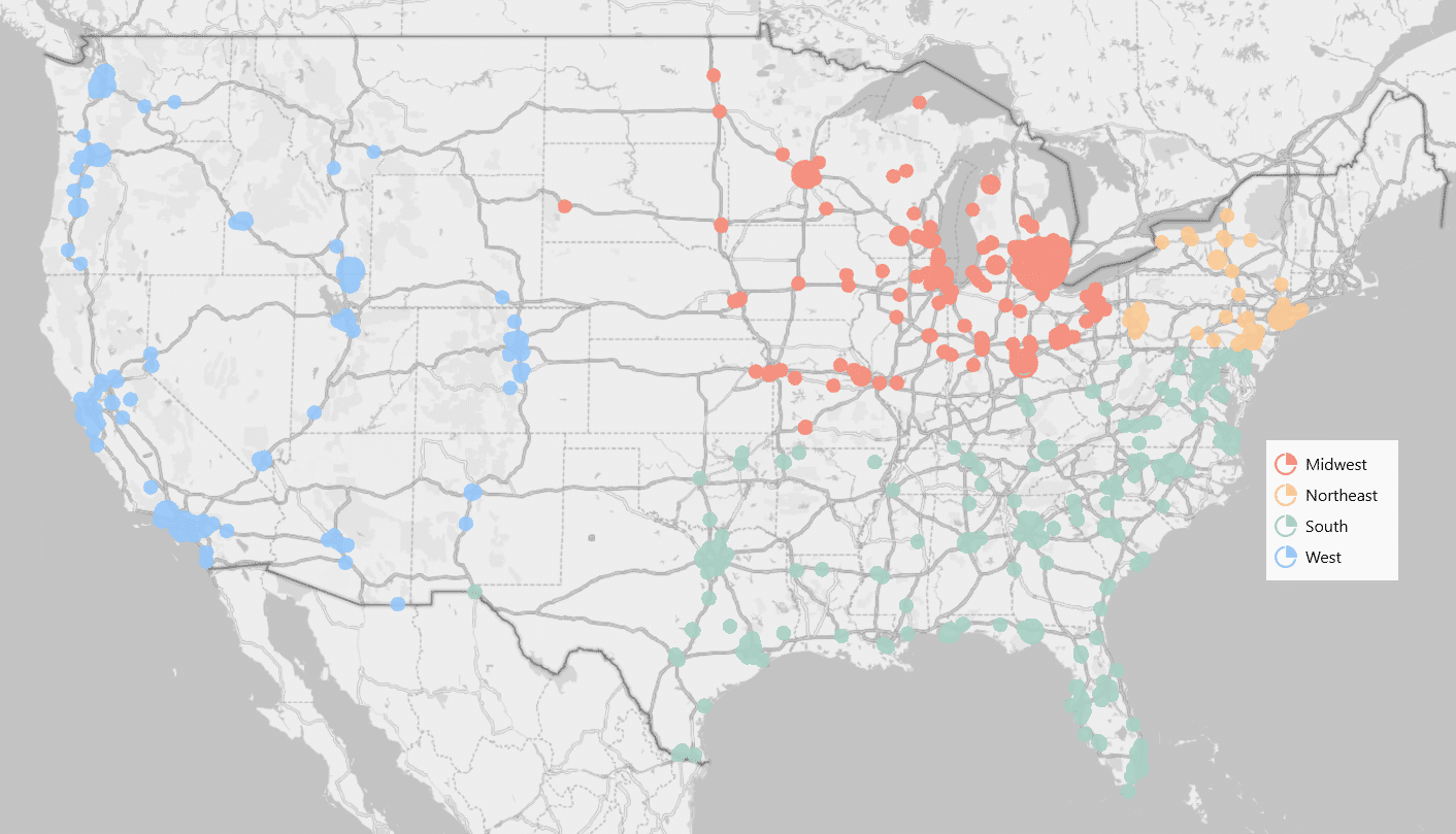 Map of U.S. that shows multi-colored dots representing where MyVoice participants reside.